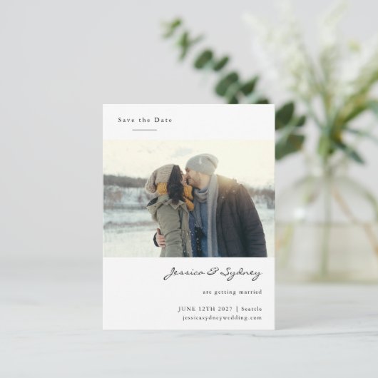 Minimalistisch modern witboek foto slaat de datum  briefkaart (Staand voorkant)