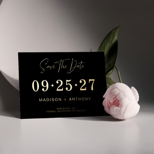 Minimalistisch modern zwart goud bespaar de datum folie uitnodiging