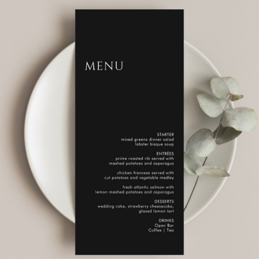 Minimalistisch modern zwart huwelijk menu