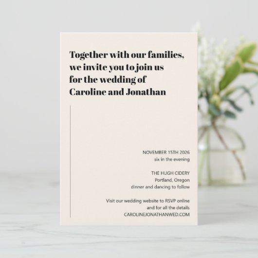 Minimalistisch modern zwart Ivory Simple Wedding Kaart (Staand voorkant)