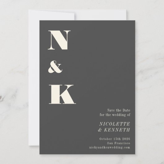 Minimalistisch modern zwart monogram huwelijk save the date (Voorkant)