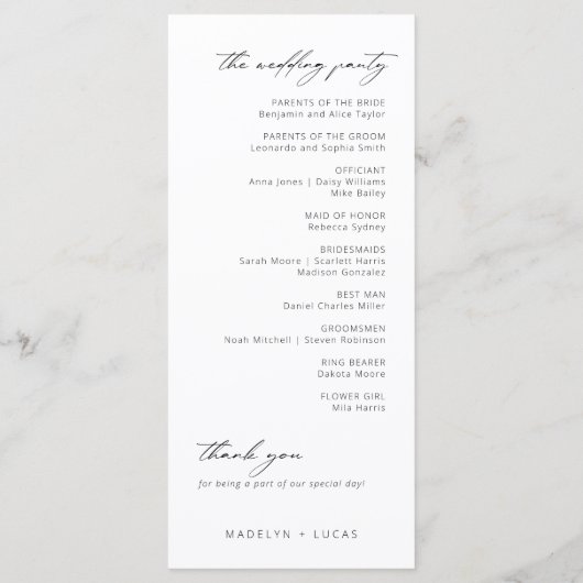 Minimalistisch modern zwart | White Wedding Progra Menu (Achterkant)