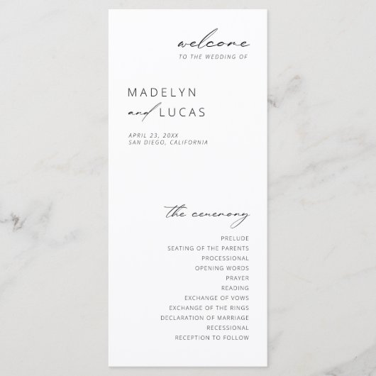 Minimalistisch modern zwart | White Wedding Progra Menu (Voorkant)