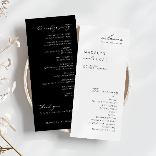 Minimalistisch modern zwart | White Wedding Progra Menu