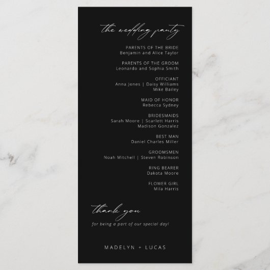 Minimalistisch modern zwart | White Wedding Progra Menu (Achterkant)
