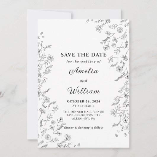 Minimalistisch Modern Zwart Wit Bloemen Bruiloft Kaart (Voorkant)