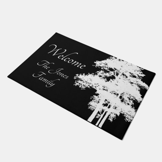 Minimalistisch modern zwart wit boom silhouet deurmat (Schuin)