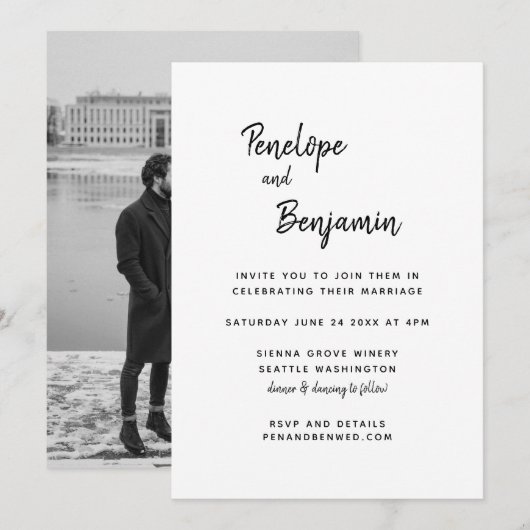 Minimalistisch modern zwart-wit fotohuwelijk kaart (Voorkant / Achterkant)