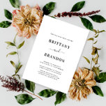 Minimalistisch modern zwart-wit huwelijk kaart<br><div class="desc">Ontwerper van de minimalistische Modern Black and White Wedding Invitation door Simon & Grace. Personaliseer met de naam en trouwgegevens van Bride en Groom. Vertonde zwarte tekst op wit met een stevige zwarte rug. Alle tekst, doopvonten, en kleuren kunnen door u worden aangepast gebruikend de hulpmiddelen die binnen in de...</div>