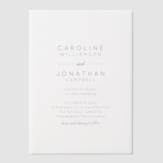 Minimalistisch modern zwart witbruin huwelijk vellum uitnodigingen (Voorkant)