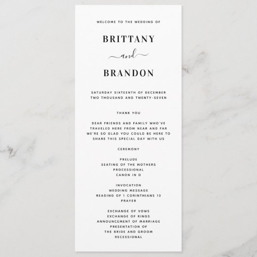 Minimalistisch modern zwart-withuwelijk programmakaart (Voorkant)