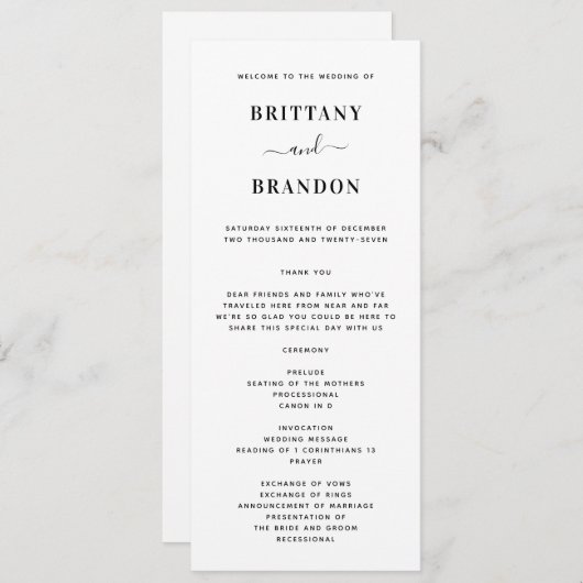 Minimalistisch modern zwart-withuwelijk programmakaart (Voorkant / Achterkant)