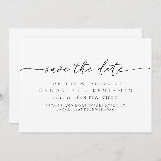 Minimalistisch modern zwart witscript bruiloft save the date (Voorkant / Achterkant)