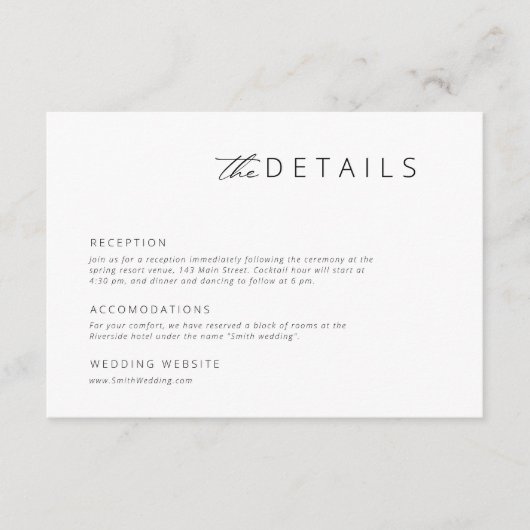 Minimalistisch modern zwart | Witte bruiloft detai Informatiekaartje (Voorkant)
