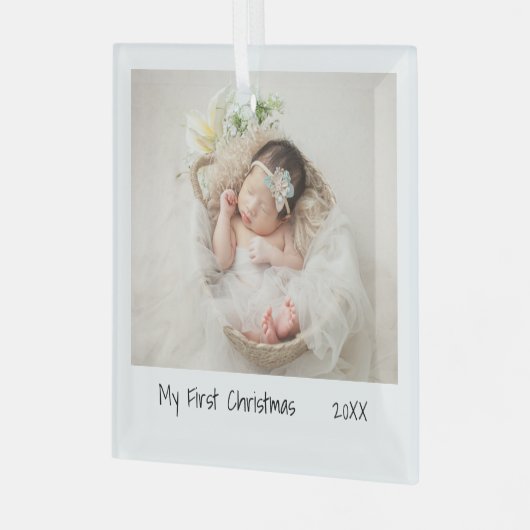 Minimalistisch Moderne Eerste Kerstfoto Baby Glas Ornament (Voorkant links)