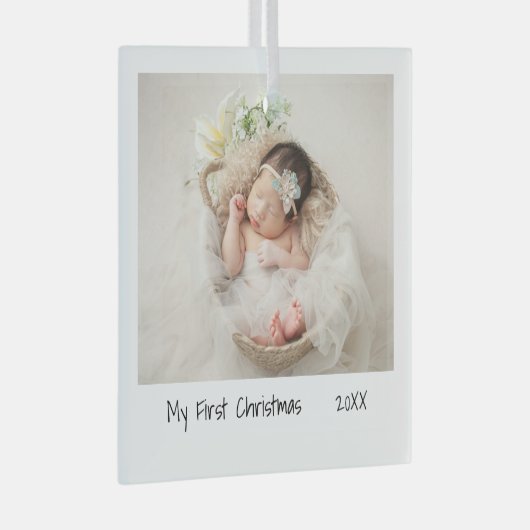 Minimalistisch Moderne Eerste Kerstfoto Baby Glas Ornament (Voorkant Rechts)