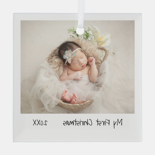 Minimalistisch Moderne Eerste Kerstfoto Baby Glas Ornament (Achterkant)