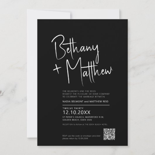 Minimalistisch mono-kalligrafisch script QR RSVP Kaart (Voorkant)