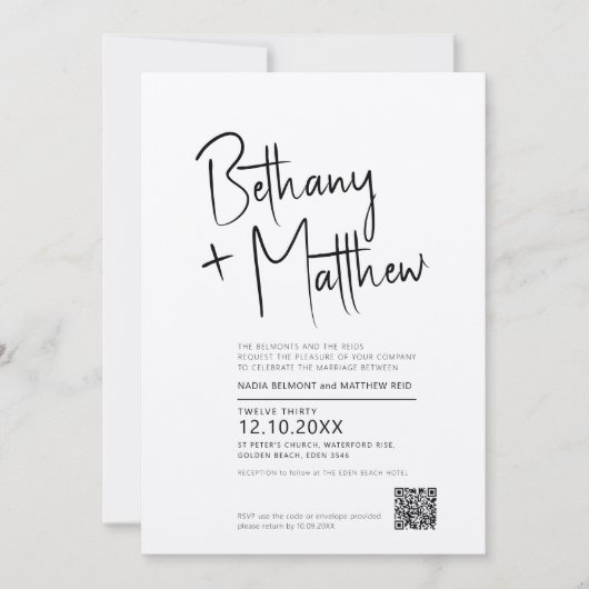 Minimalistisch mono-kalligrafisch script QR RSVP Kaart (Voorkant)