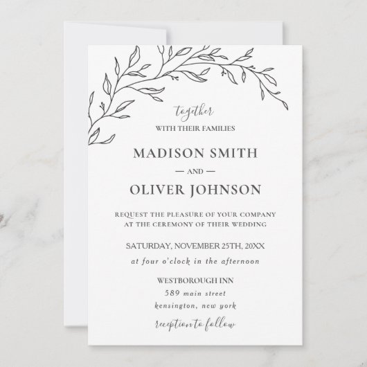 Minimalistisch Monochrome Laurel Branch Leafy Wedd Kaart (Voorkant)