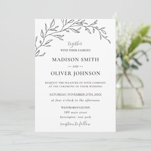 Minimalistisch Monochrome Laurel Branch Leafy Wedd Kaart (Staand voorkant)