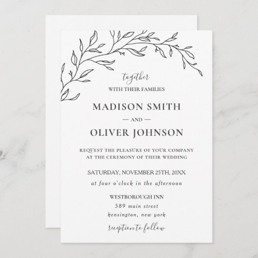 Minimalistisch Monochrome Laurel Branch Leafy Wedd Kaart (Voorkant / Achterkant)