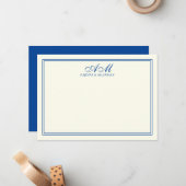 Minimalistisch monogram 2-grenszeemacht blauw notitiekaartje (Voorkant / Achterkant in situ)