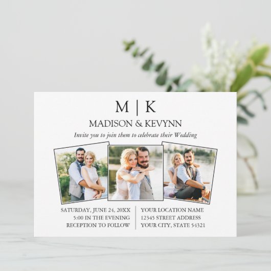 Minimalistisch Monogram 3 Foto QR Code Bruiloft Kaart (Staand voorkant)