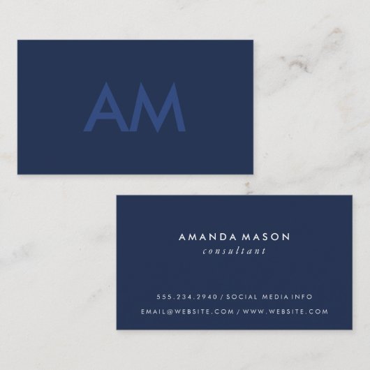 Minimalistisch monogram blauw visitekaartje (Voorkant / Achterkant)