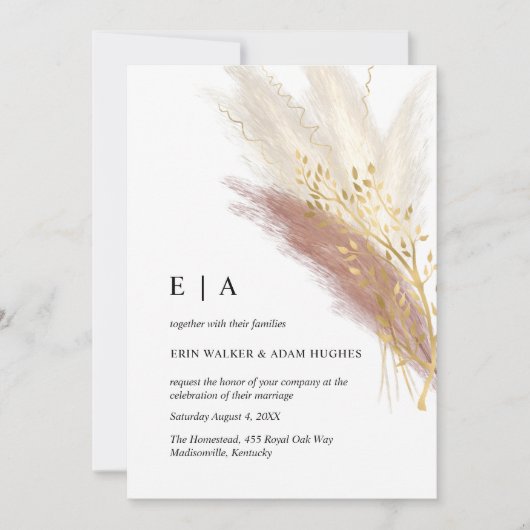 Minimalistisch Monogram Boho Roze Gouden Pampas Gr Kaart (Voorkant)