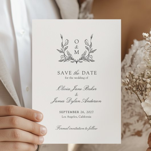 Minimalistisch Monogram Botanisch Wapen Huwelijk Save The Date