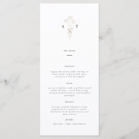 Minimalistisch Monogram Botanische Bruiloft Menu (Voorkant)