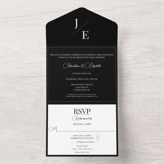 Minimalistisch Monogram Bruiloft | Zwart All In One Uitnodiging (Binnen)