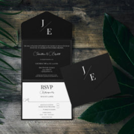 Minimalistisch Monogram Bruiloft | Zwart All In One Uitnodiging