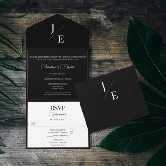 Minimalistisch Monogram Bruiloft | Zwart All In One Uitnodiging