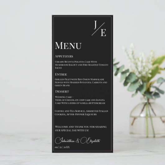 Minimalistisch Monogram Bruiloft | Zwart Menu (Staand voorkant)