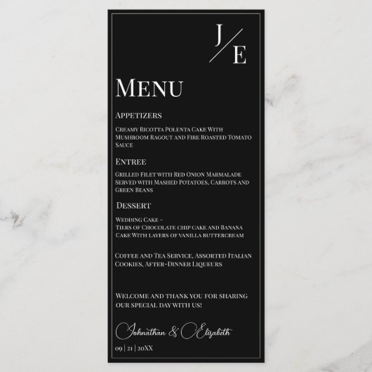 Minimalistisch Monogram Bruiloft | Zwart Menu (Voorkant)