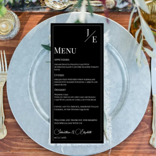 Minimalistisch Monogram Bruiloft | Zwart Menu