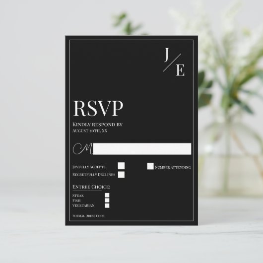 Minimalistisch Monogram Bruiloft | Zwart RSVP Kaartje (Staand voorkant)