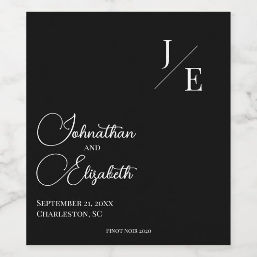 Minimalistisch Monogram Bruiloft | Zwart Wijn Etiket (Enkel label)