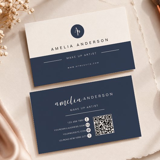 Minimalistisch Monogram Diep Navyblauw Qr Code Visitekaartje
