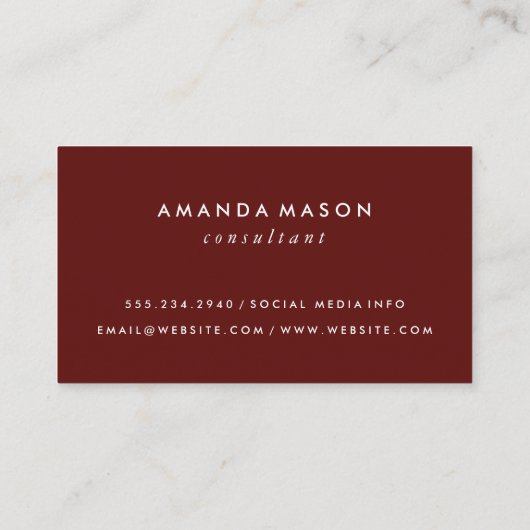 Minimalistisch monogram diep rood visitekaartje (Achterkant)
