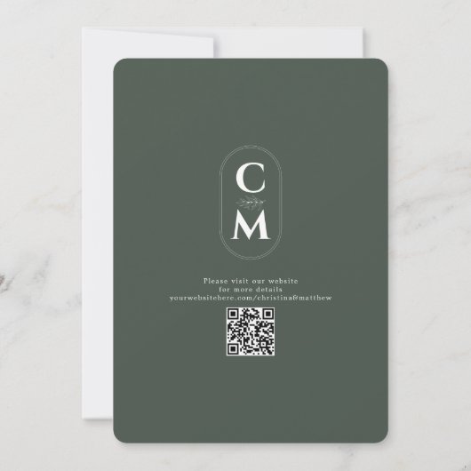 Minimalistisch Monogram Donker Bos Groen QR Code Save The Date (Achterkant)