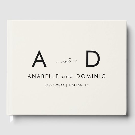 Minimalistisch Monogram Elegant Ivoor & Zwart Huwe Gastenboek (Voorkant)