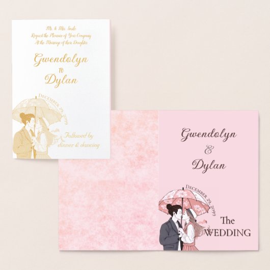 Minimalistisch monogram elegant roze koppel parapl folie kaarten (Display)