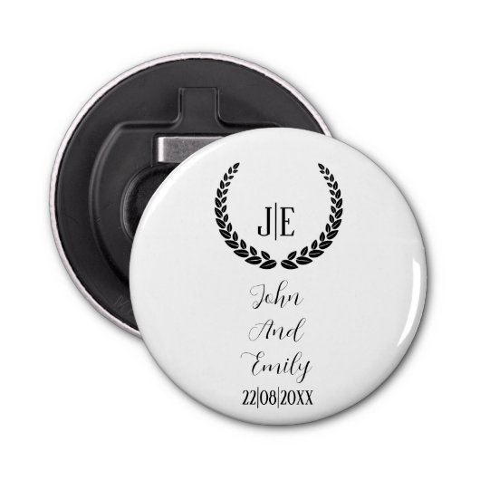 Minimalistisch monogram elegante zwart-witte bruil button flesopener (Voorkant)