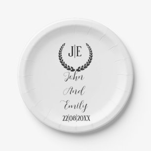 Minimalistisch monogram elegante zwart-witte bruil papieren bordje