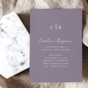 Minimalistisch monogram Floral Dusky Paarse bruilo Kaart