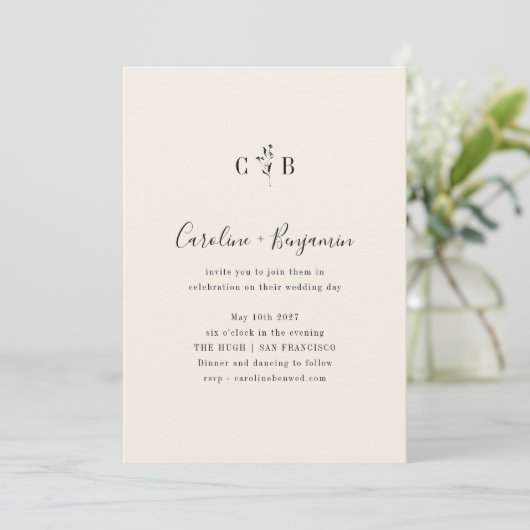 Minimalistisch monogram Floral Ivory Cream Wedding Kaart (Staand voorkant)