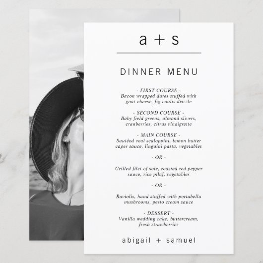 Minimalistisch Monogram Foto Eenvoudige Trouwmenu (Voorkant / Achterkant)